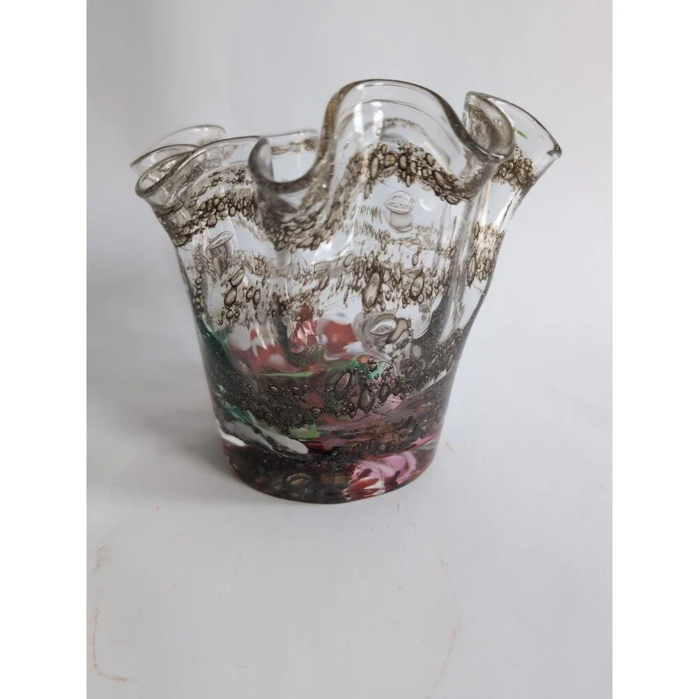 Vtg Zorza Art Glass Vase Crimped Hand Blown Poland Gold Confetti Ribbon